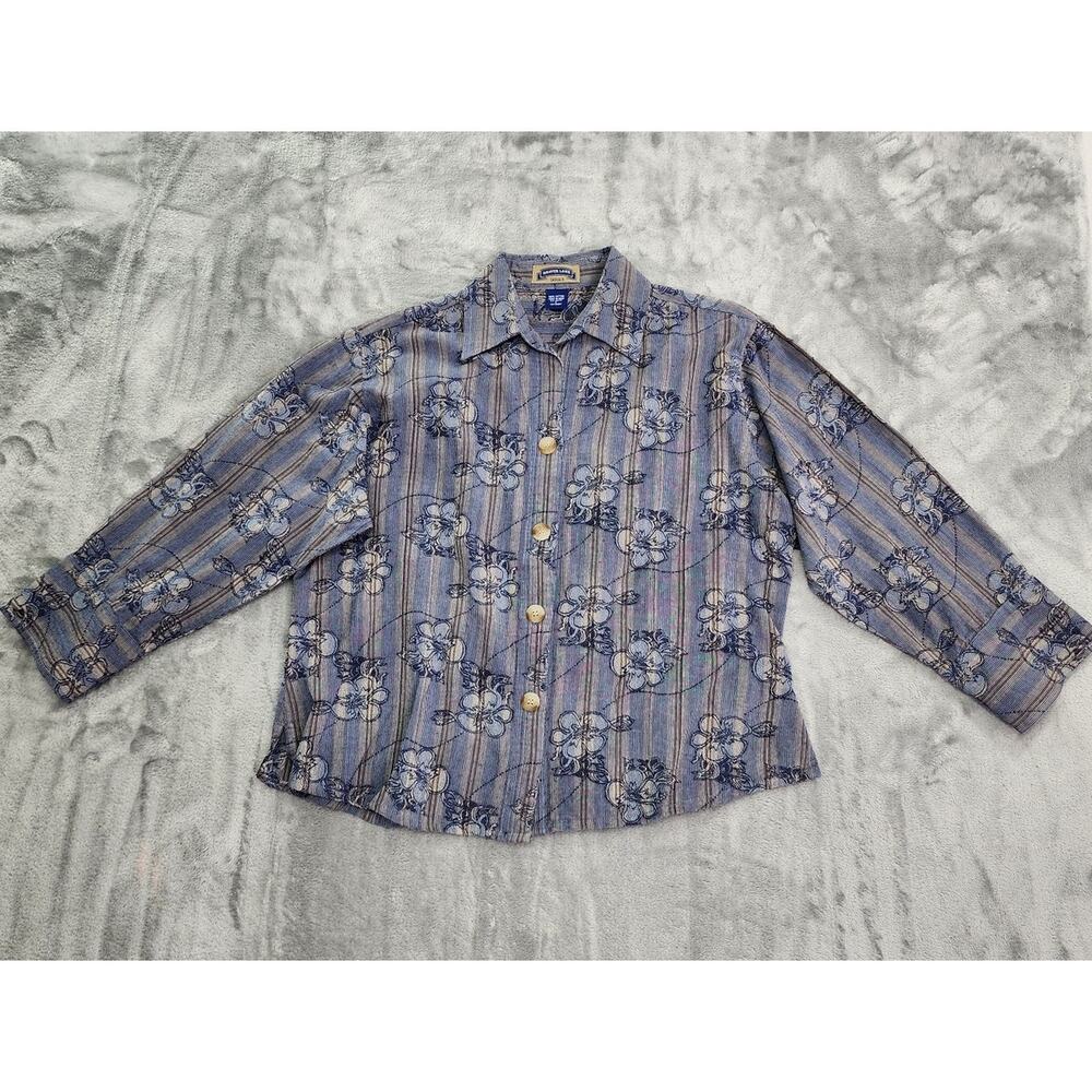 Vintage Shaver Lake Top Womens L Blue Tan Floral‎ Striped Long Sleeve Shacket